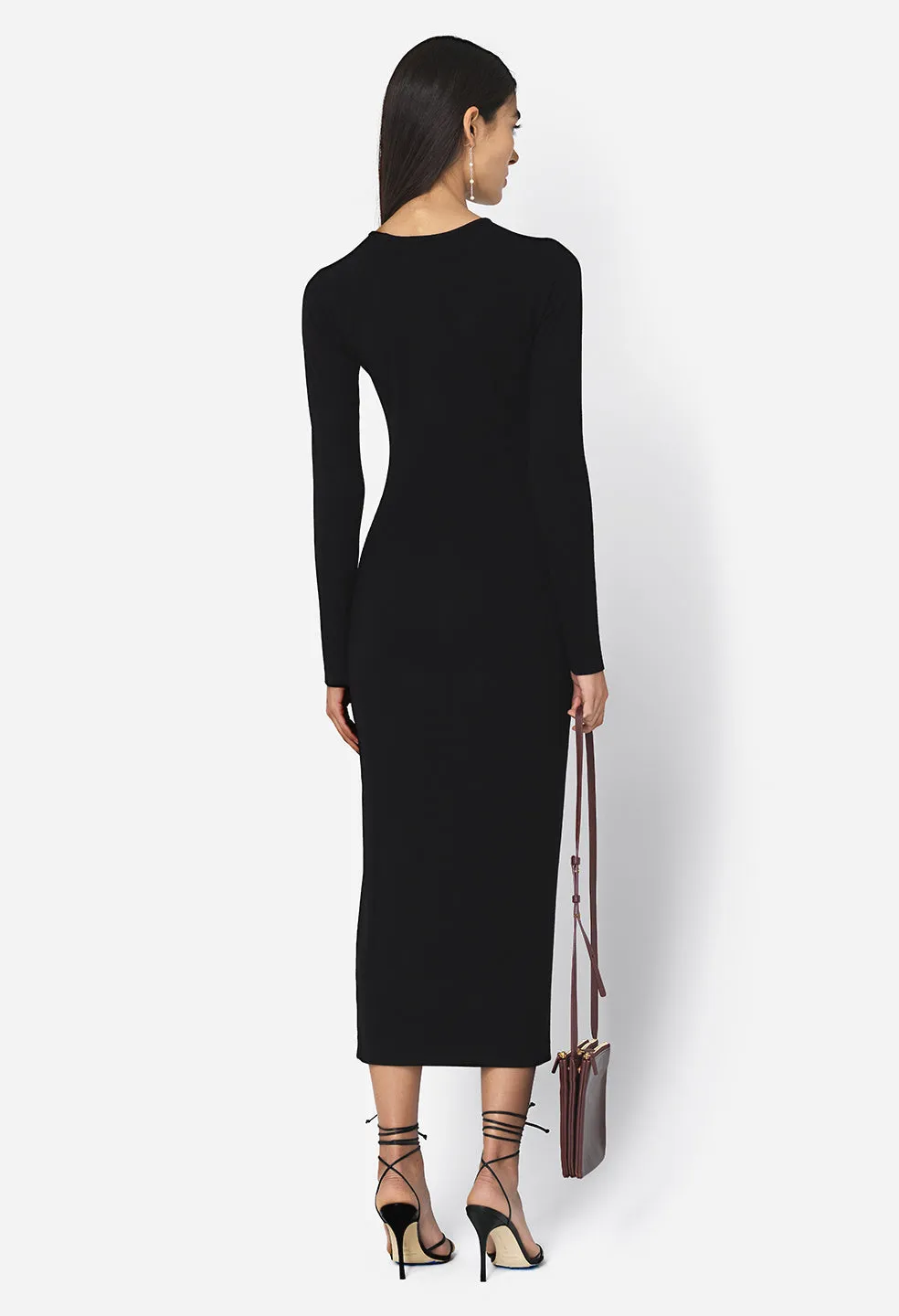 Gemini Rib Ls Keyhole Midi Dress / Black