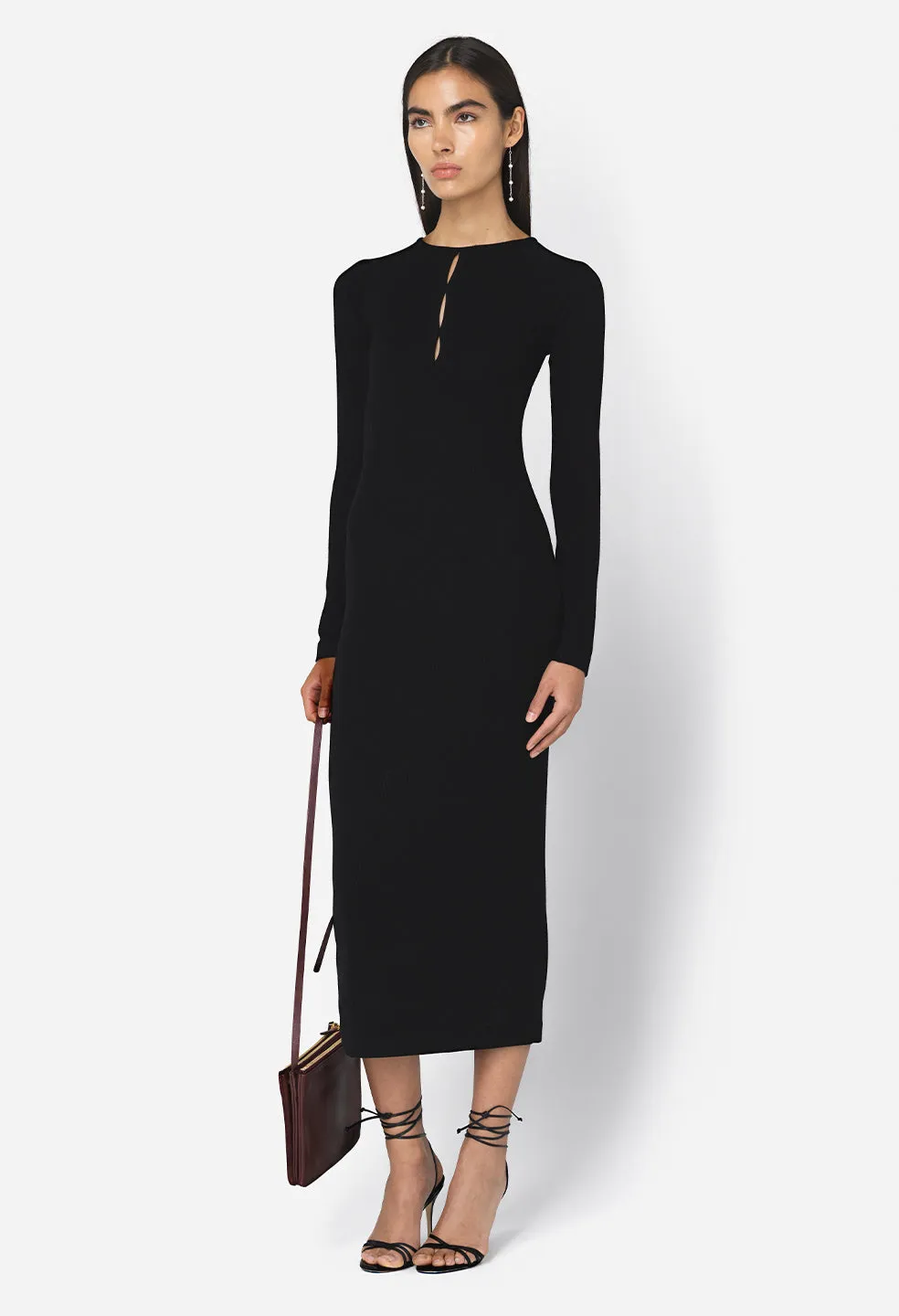 Gemini Rib Ls Keyhole Midi Dress / Black