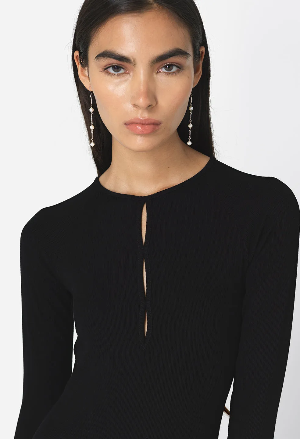 Gemini Rib Ls Keyhole Midi Dress / Black