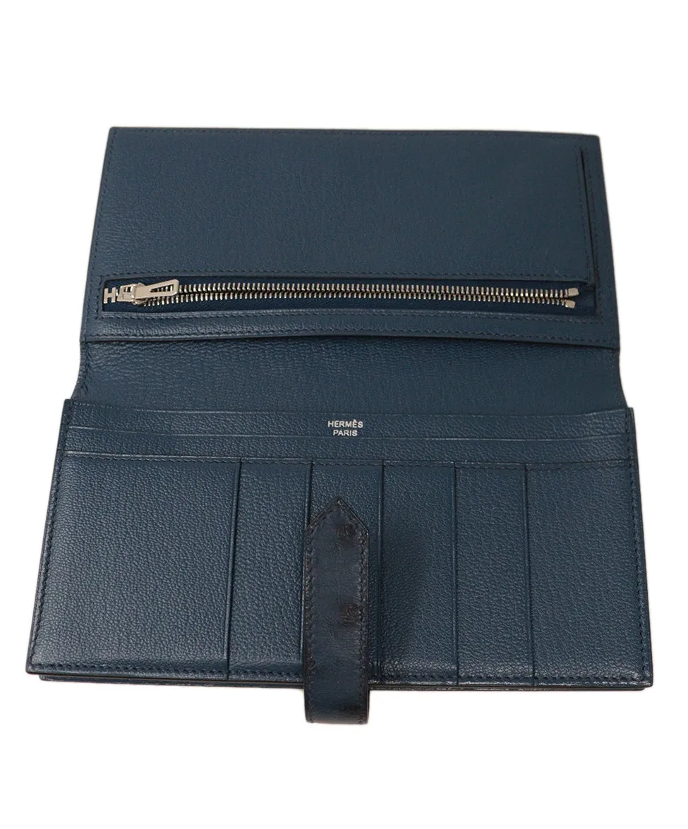 Hermes Bearn Ostrich Navy Wallet