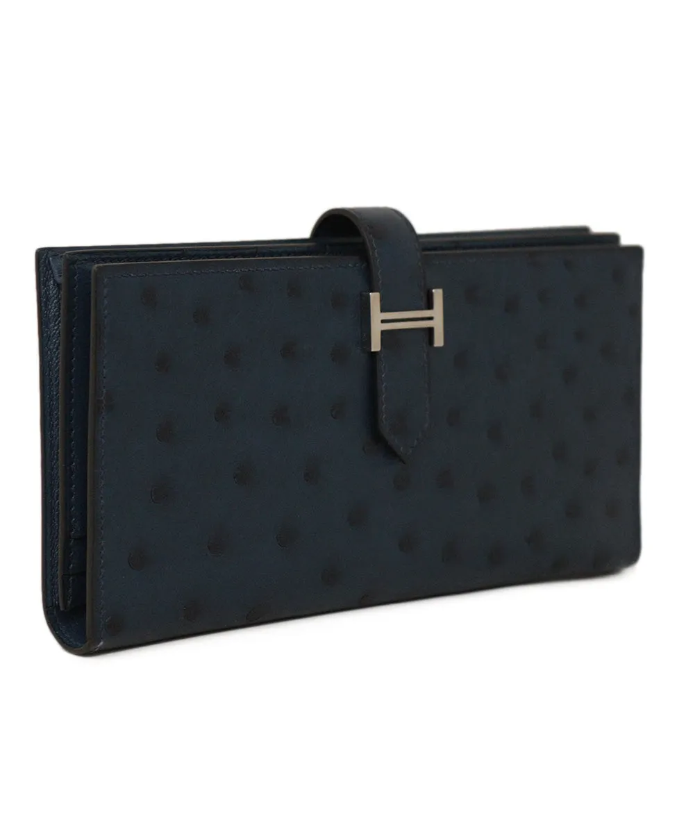 Hermes Bearn Ostrich Navy Wallet