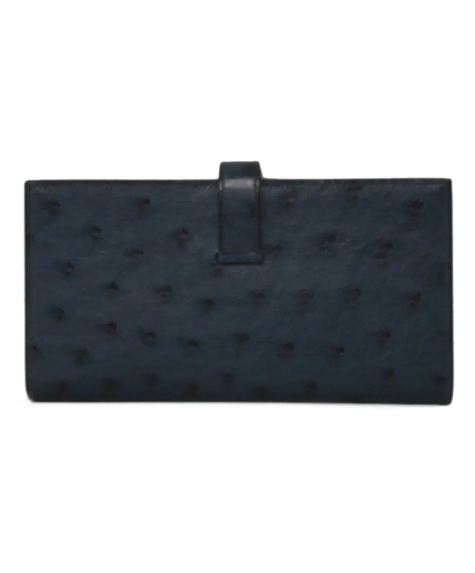 Hermes Bearn Ostrich Navy Wallet