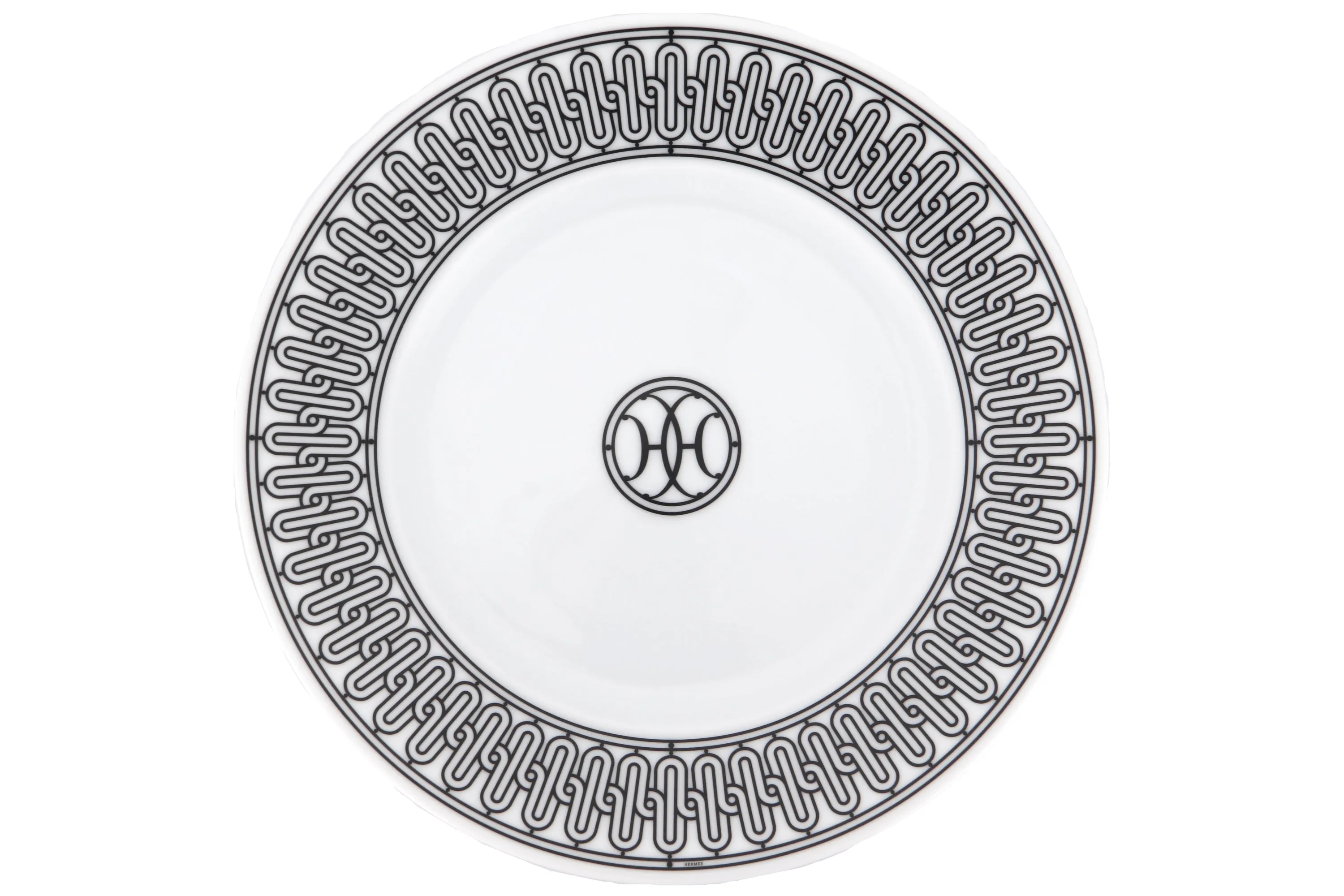 HERMES H DECO WHITE BLACK PORCELAIN PLATE, DIA 22.5CM, WITH BOX