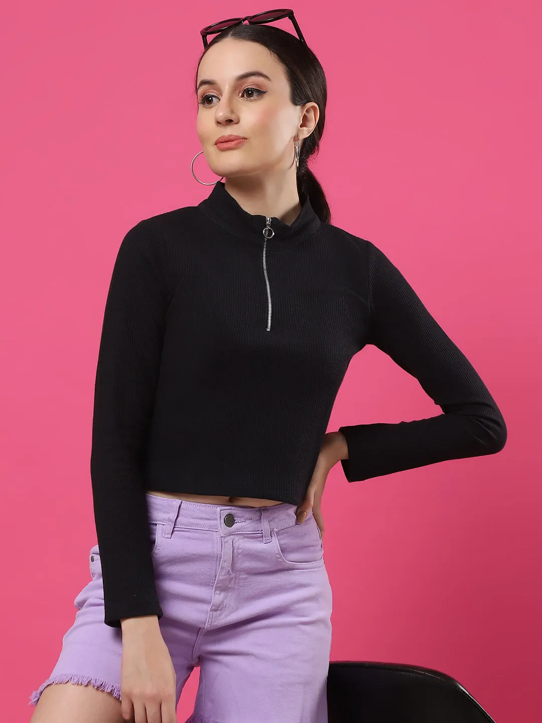 High Neck Waffle Textured Crop Top for Women