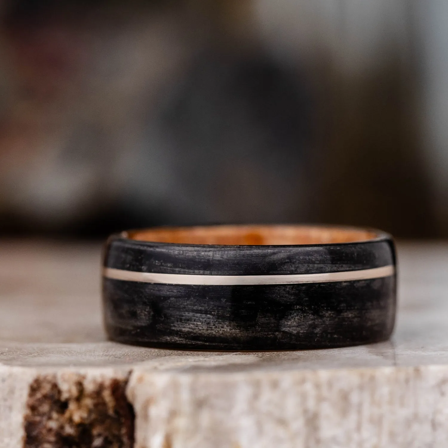 (In-Stock) The Old Fashioned - Men's Weathered Whiskey Barrel Wood Wedding Band with Natural Black Cherry Liner, & Offset White Gold Inlay - Size 7.75| 8mm Wide