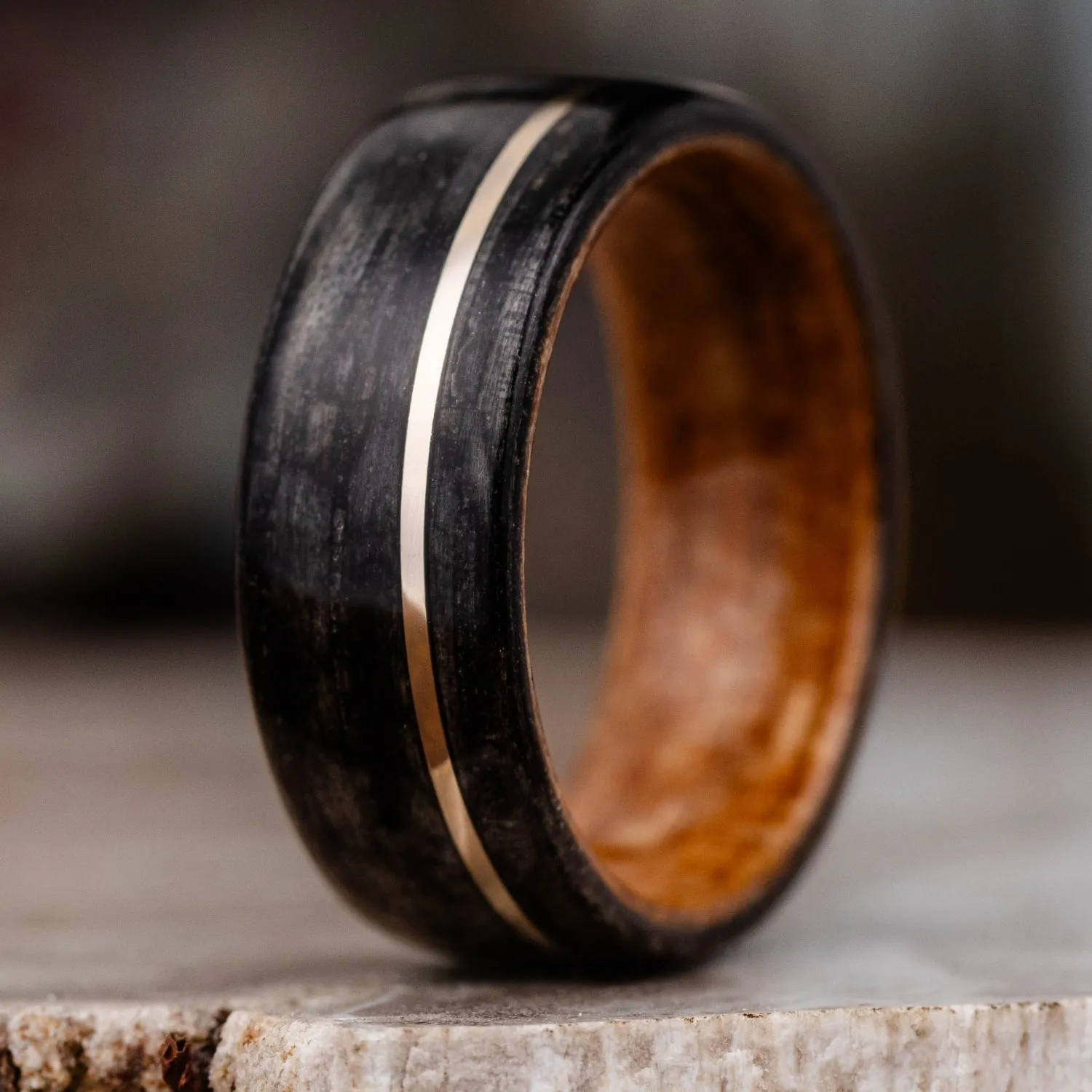 (In-Stock) The Old Fashioned - Men's Weathered Whiskey Barrel Wood Wedding Band with Natural Black Cherry Liner, & Offset White Gold Inlay - Size 7.75| 8mm Wide