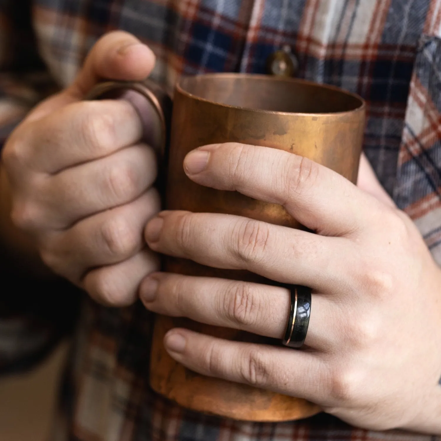 (In-Stock) The Old Fashioned - Men's Weathered Whiskey Barrel Wood Wedding Band with Natural Black Cherry Liner, & Offset White Gold Inlay - Size 7.75| 8mm Wide