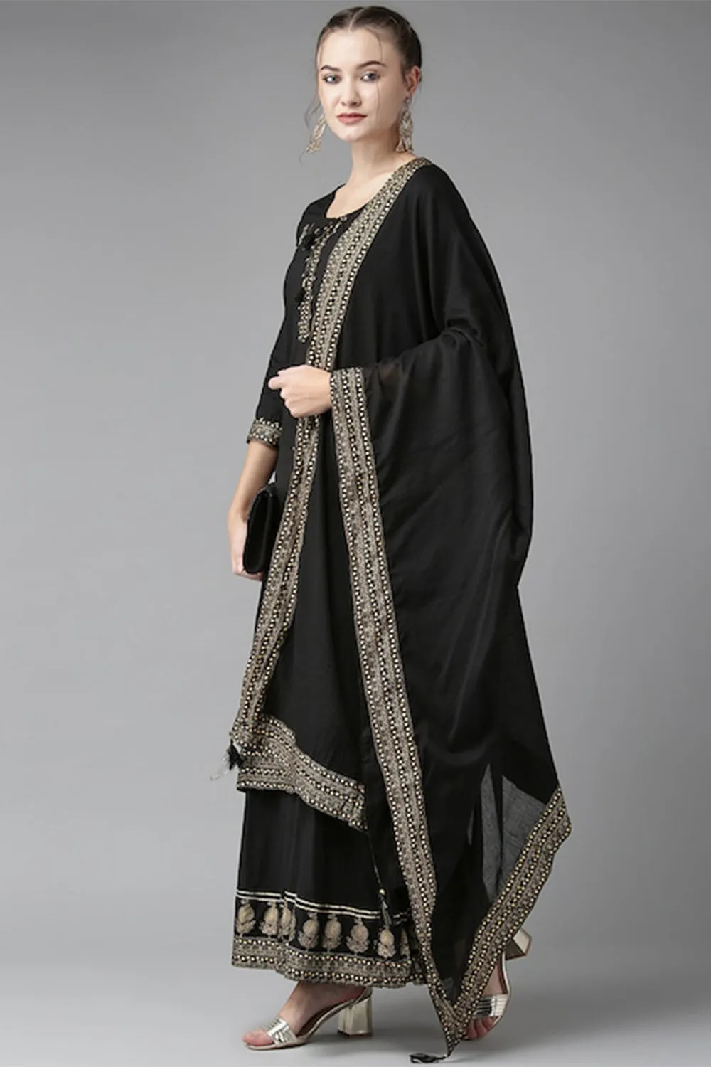 Ishin Sequins Black Embellished A-Line Kurta Set