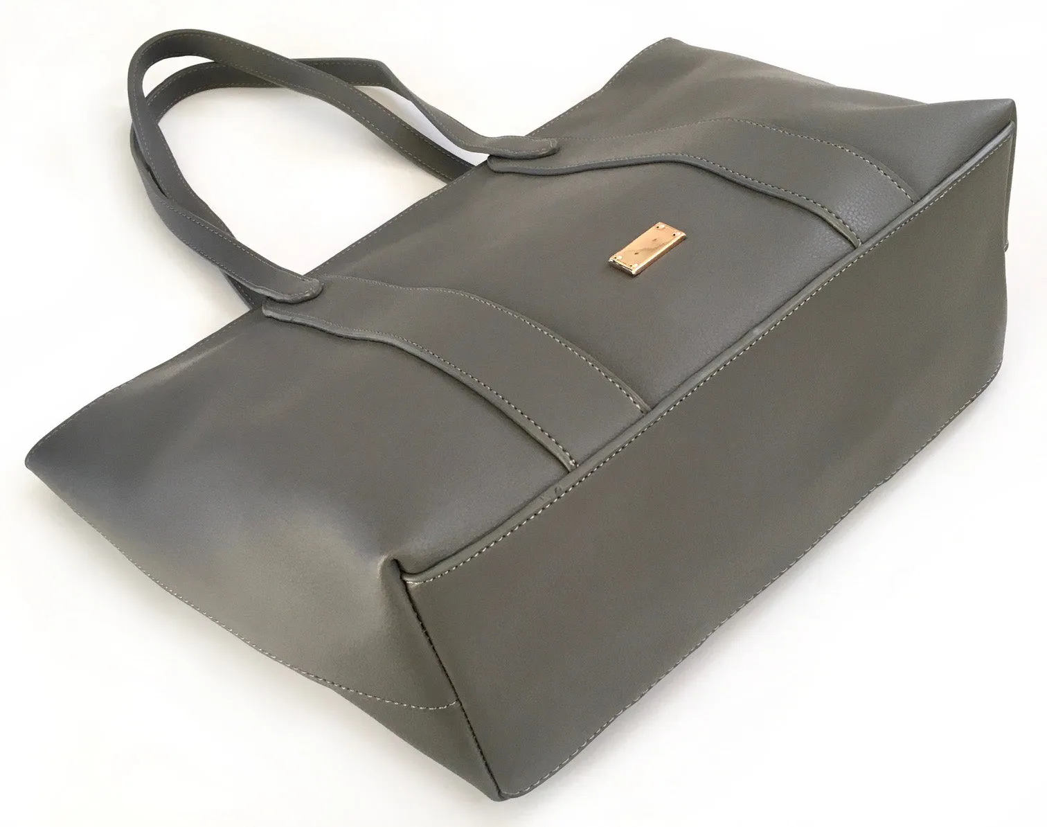 LARGE PLAIN GREY TOTE HANDBAG WITH STRIPE INTERIOR