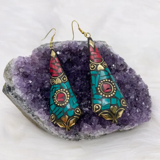 Long Tibetan Earrings, Statement Jewelry, Ethnic Jewelry, Dangle Earrings, Tribal Fusion Earring, Boho Style, Women Jewelry