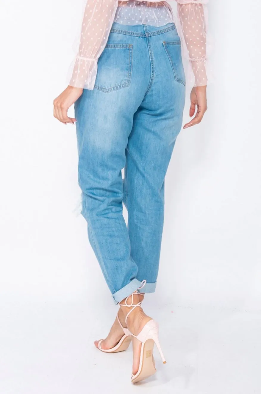 Mom jeans blu a vita alta con strappi