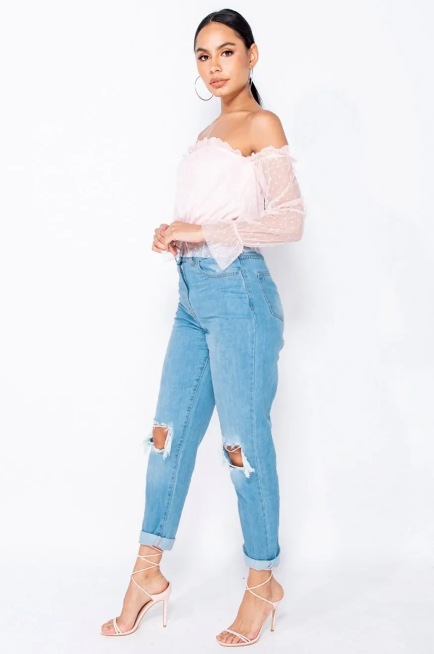 Mom jeans blu a vita alta con strappi