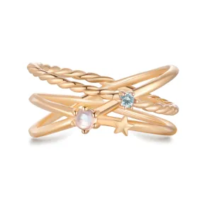 Moonstone & Blue Gold Triple Band Ring - Gravity