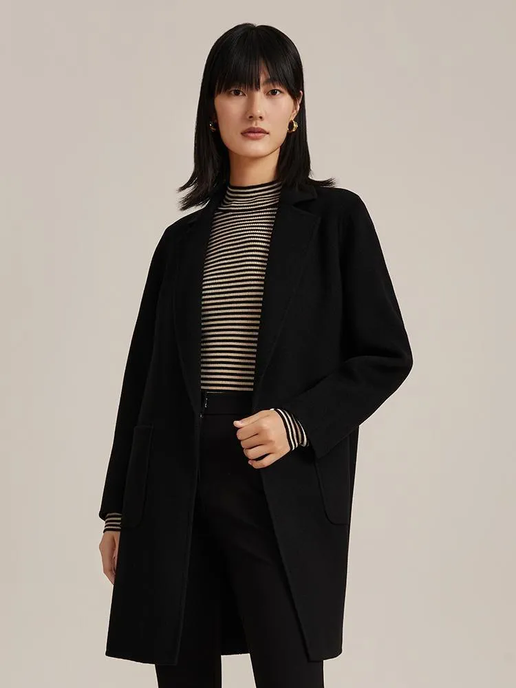 Pure Double-Faced Wool Mid-length Notched Lapel Women Coat