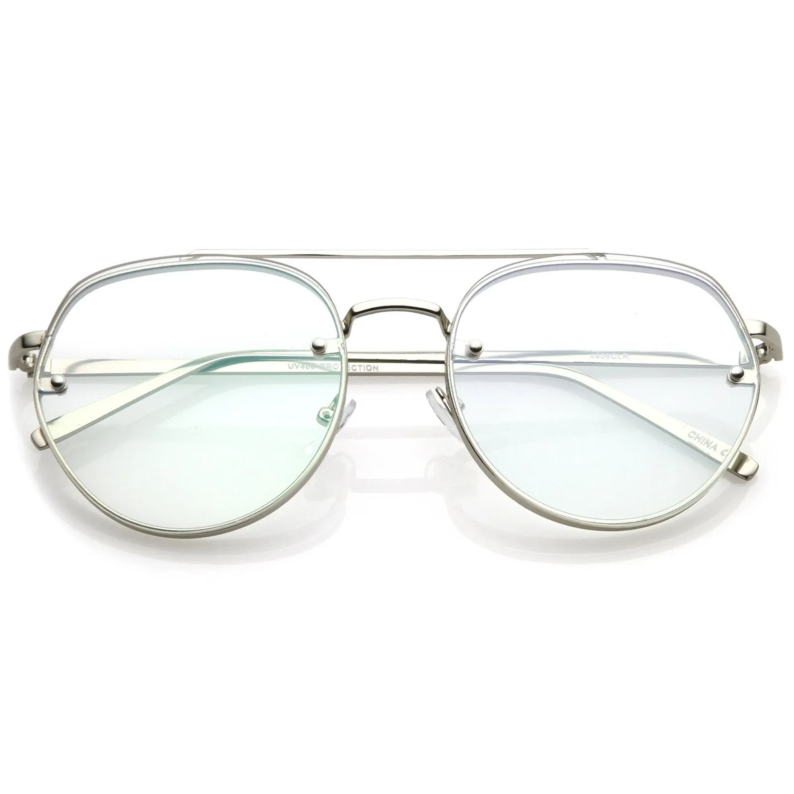 Retro Slim Brow Round Flat Clear Lens Aviator Glasses 59mm