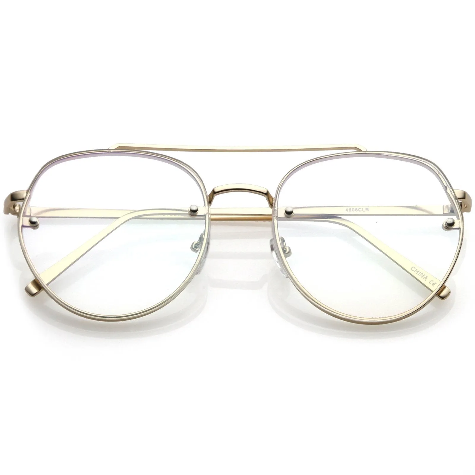 Retro Slim Brow Round Flat Clear Lens Aviator Glasses 59mm