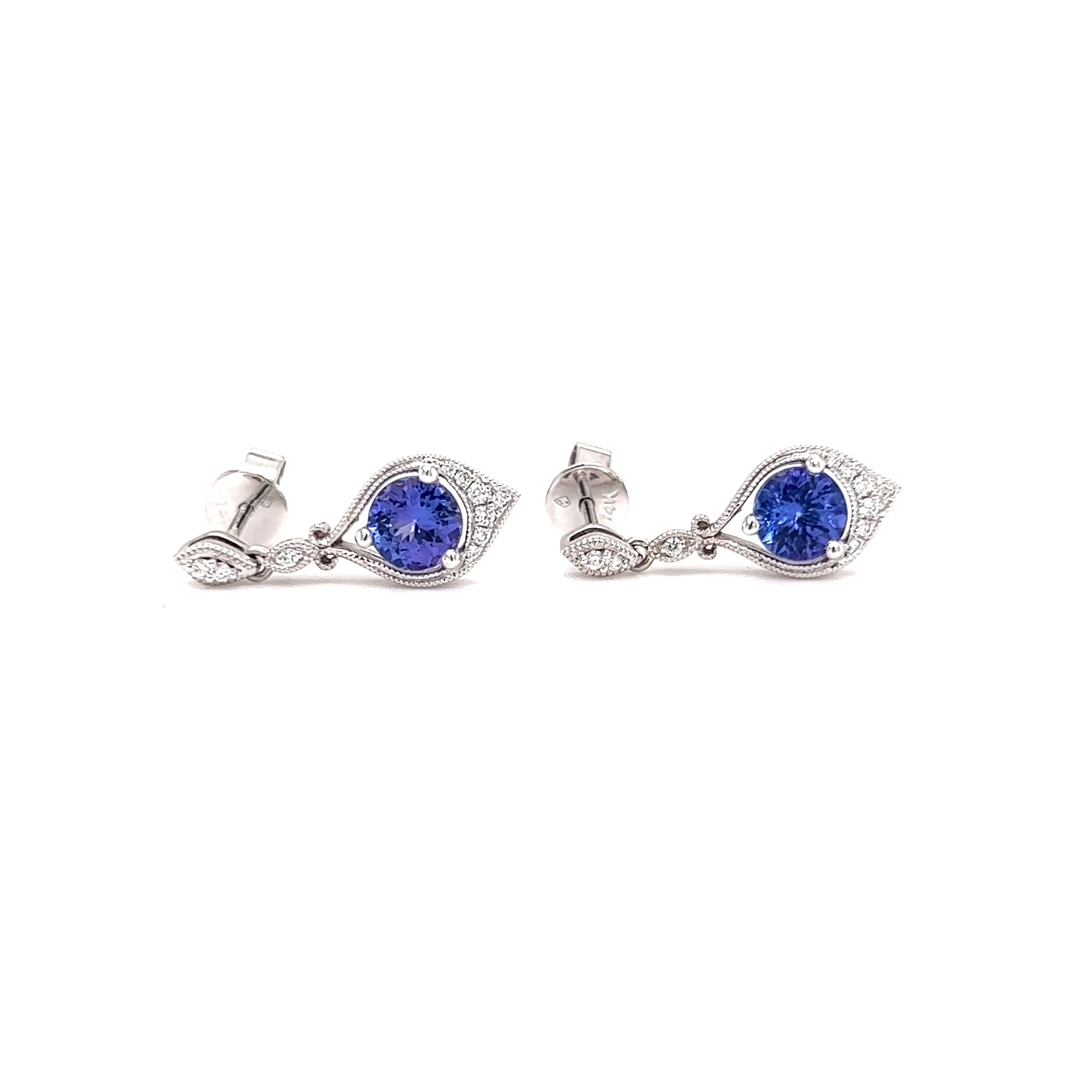 Round Tanzanite Drop Earrings with Twenty Diamonds in 14K White Gold