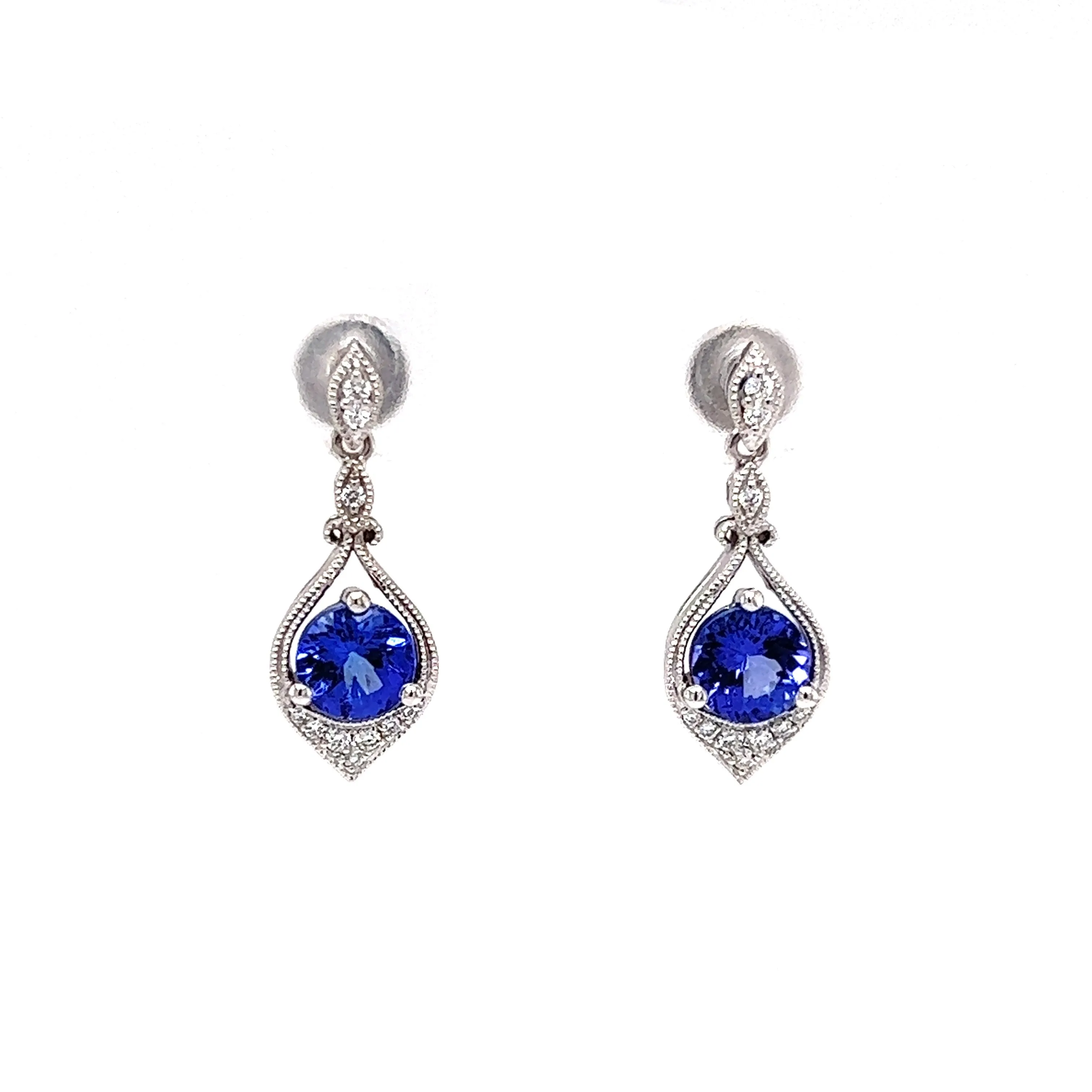 Round Tanzanite Drop Earrings with Twenty Diamonds in 14K White Gold