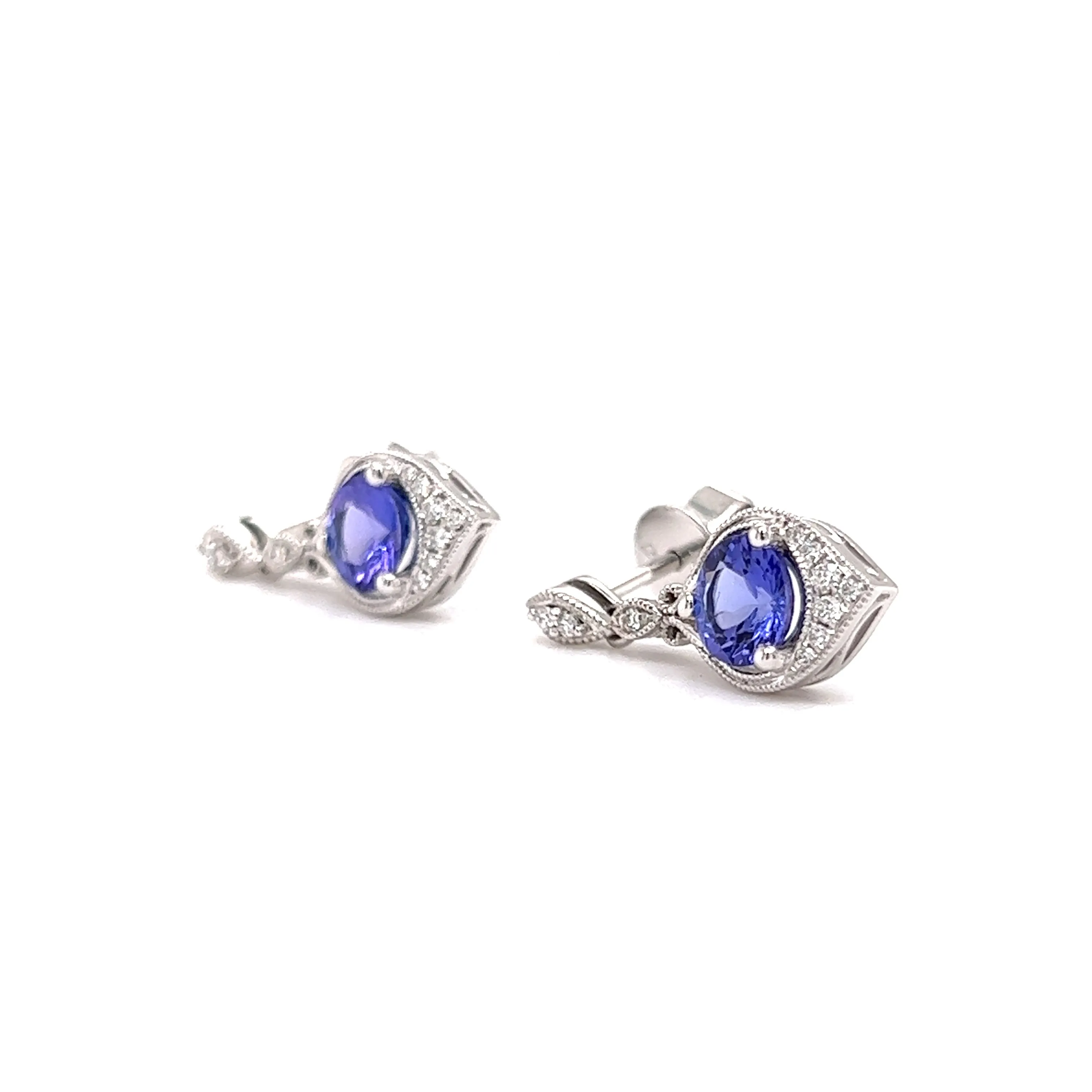 Round Tanzanite Drop Earrings with Twenty Diamonds in 14K White Gold