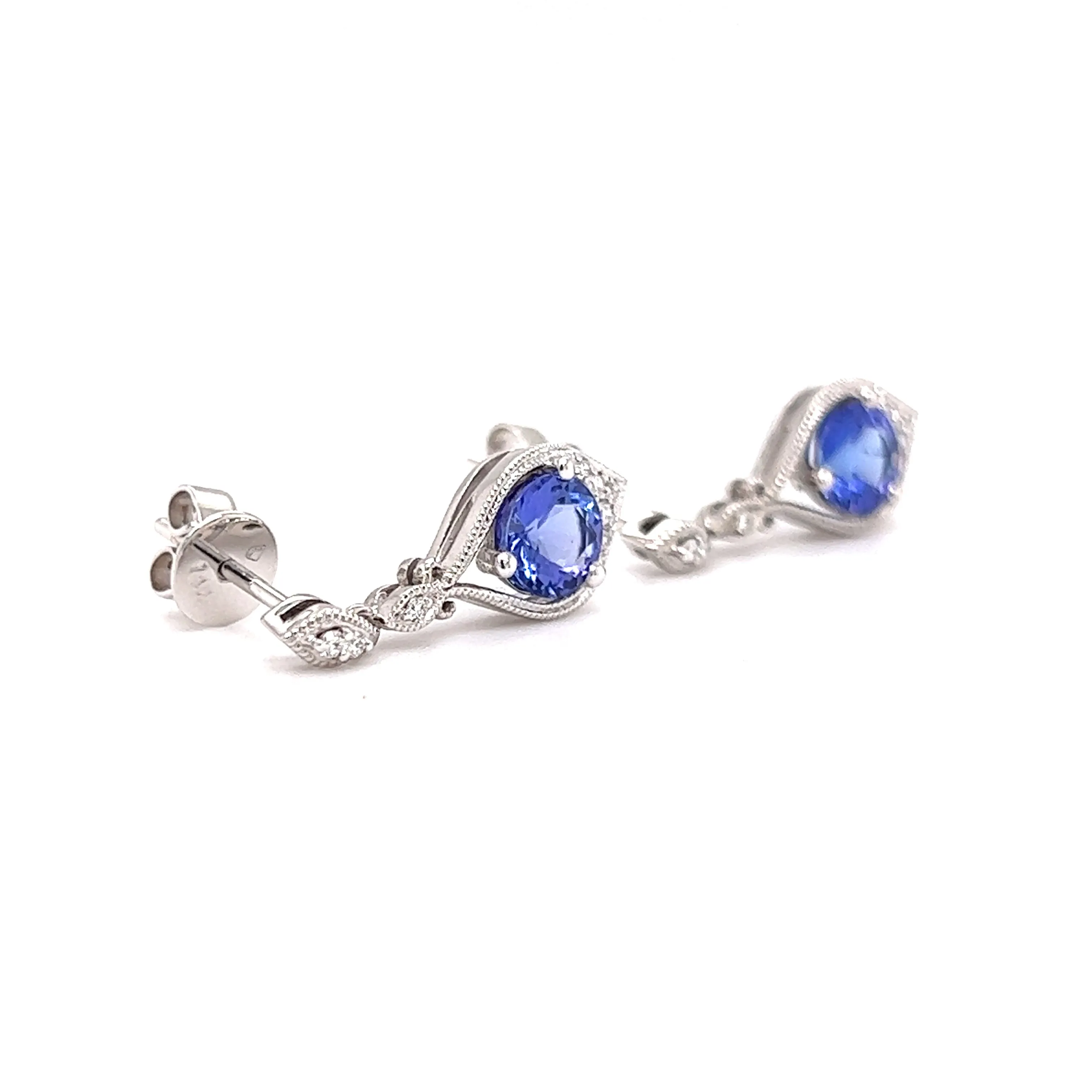 Round Tanzanite Drop Earrings with Twenty Diamonds in 14K White Gold