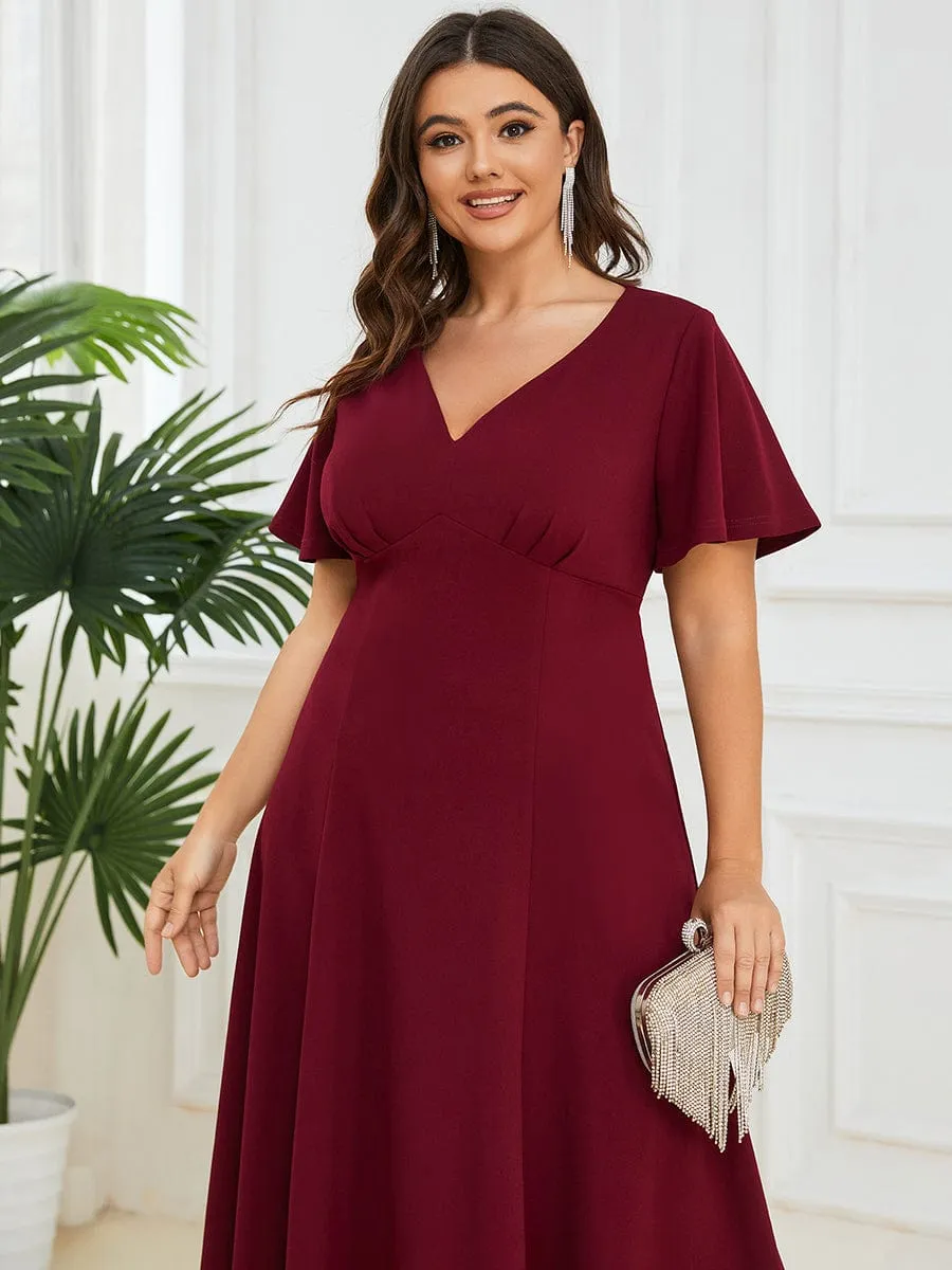 Short Flutter Sleeve V-Neck Midi Mother of the Bride Dress