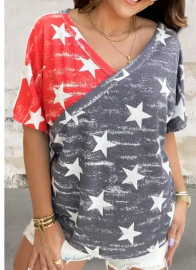 Short Sleeve Star Print Colorblock V Neck Top