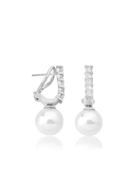 Sterling Silver Rhodium Plated Ling Omega Earrings for Women with Post and Organic Pearl, 12mm Round White Pearl and Zircon, Lilit Collection