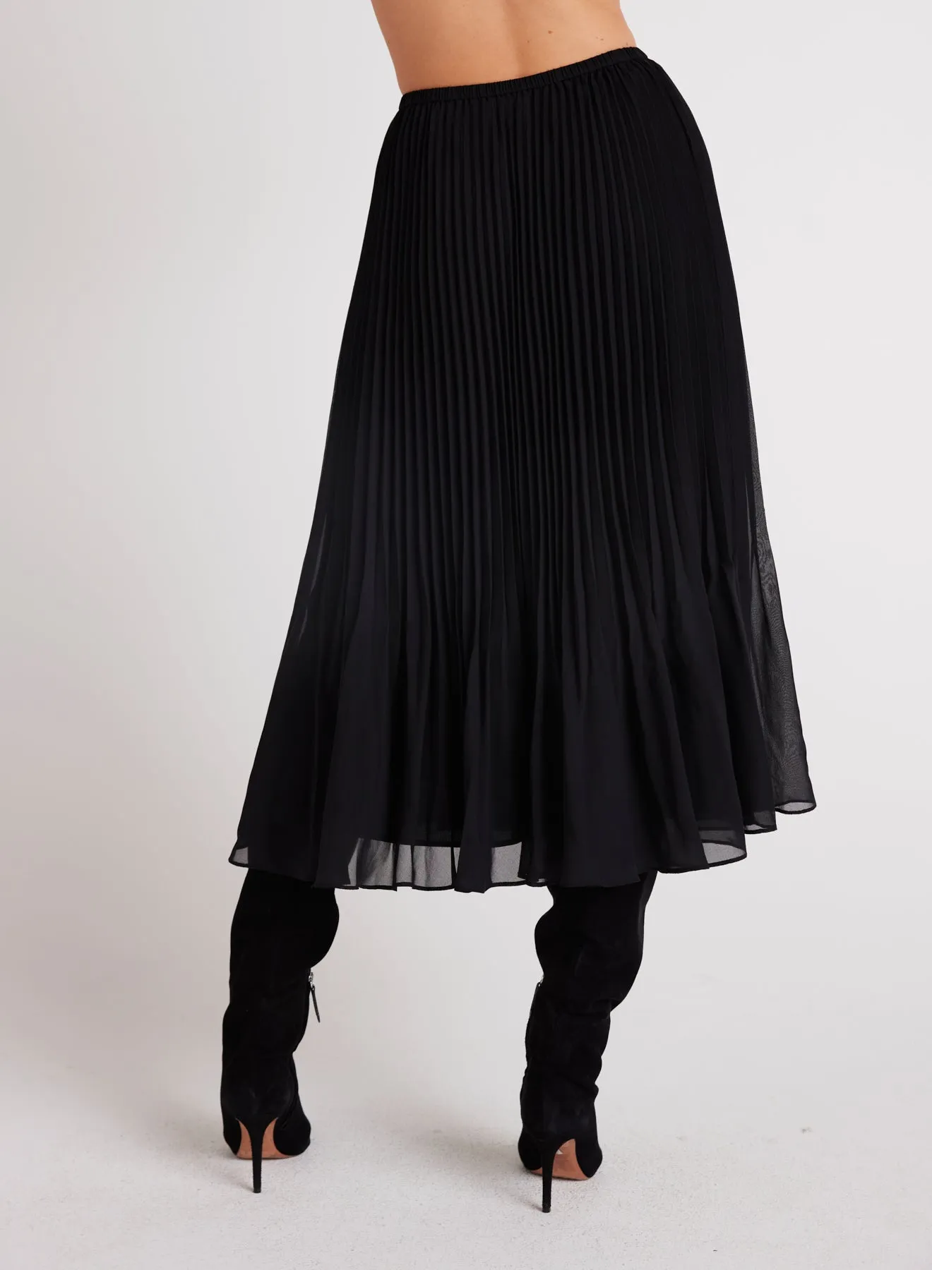 Sunburst Pleated Chiffon Midi Skirt - Black