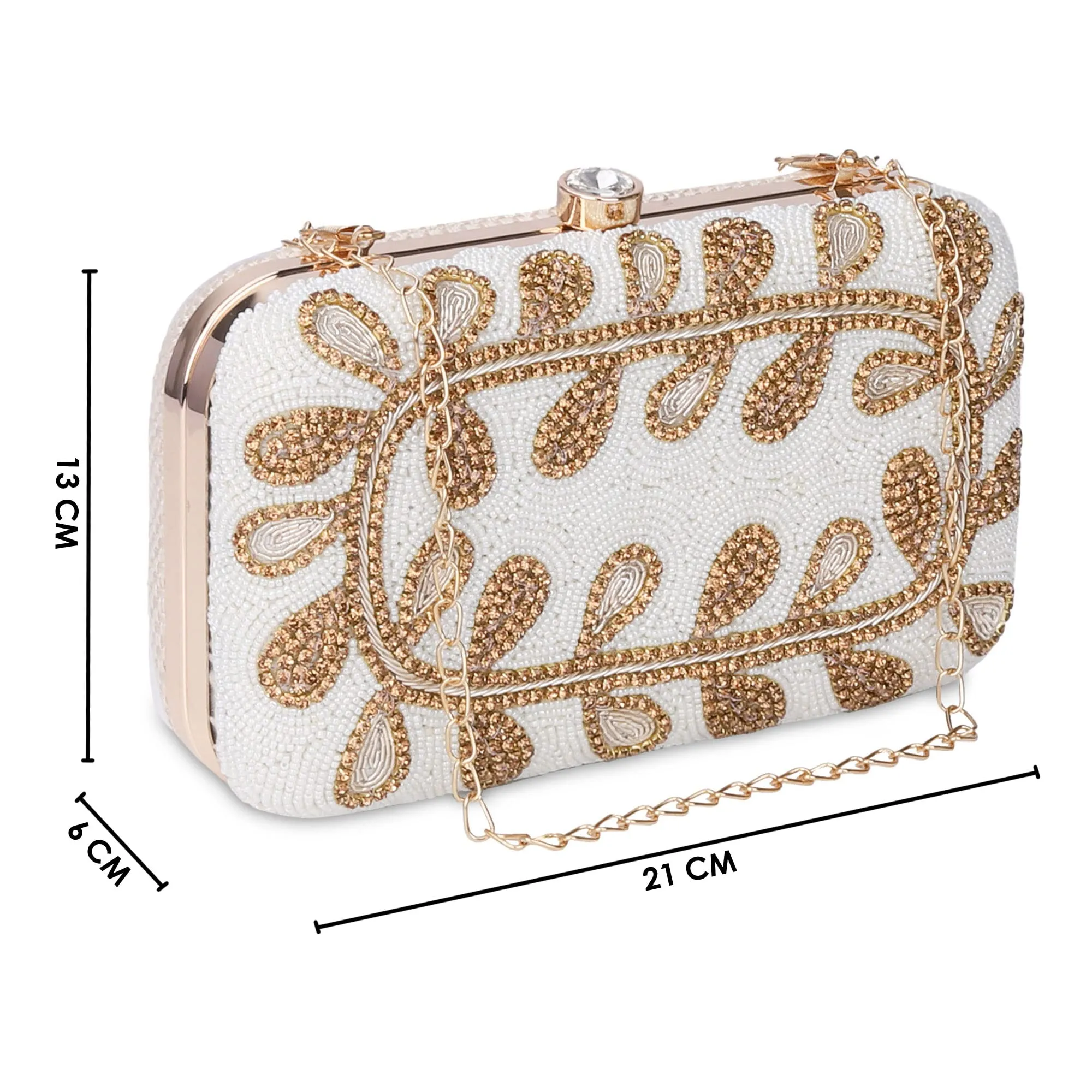 THE CLOWNFISH Angela Collection Womens Party Clutch Ladies Wallet Evening Bag with Fashionable Round Corners Beads Work Floral Design (White)