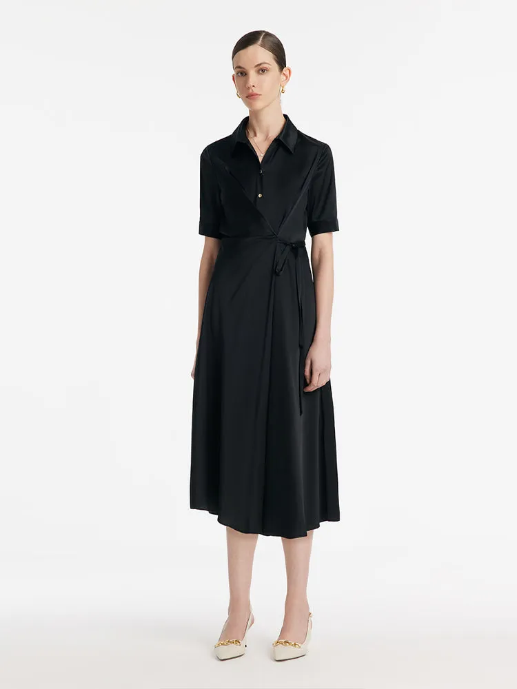 Triacetate Lapel Tied Gathered Waist Women Midi Dress