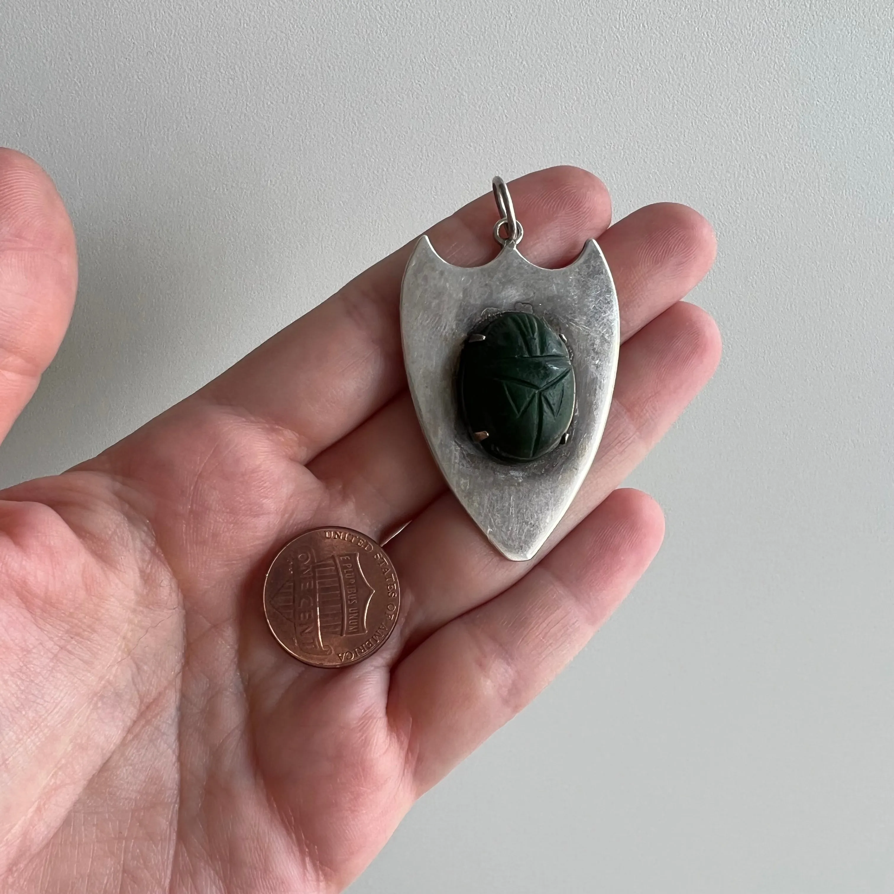 V I N T A G E // layers of protection / sterling silver and green hard stone scarab shield / a pendant