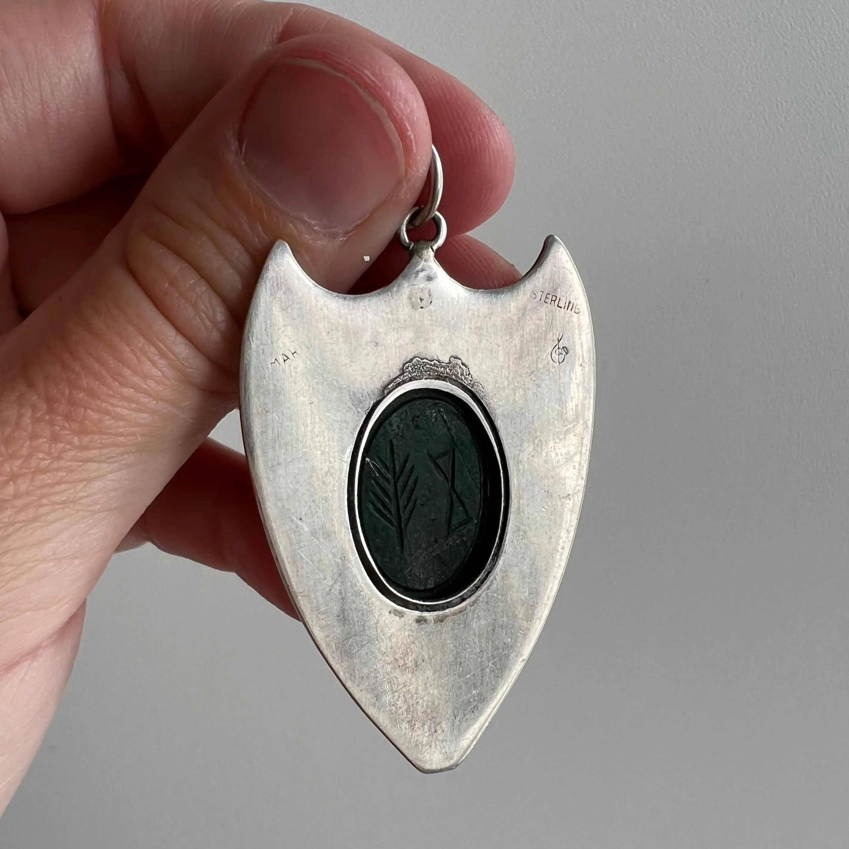 V I N T A G E // layers of protection / sterling silver and green hard stone scarab shield / a pendant