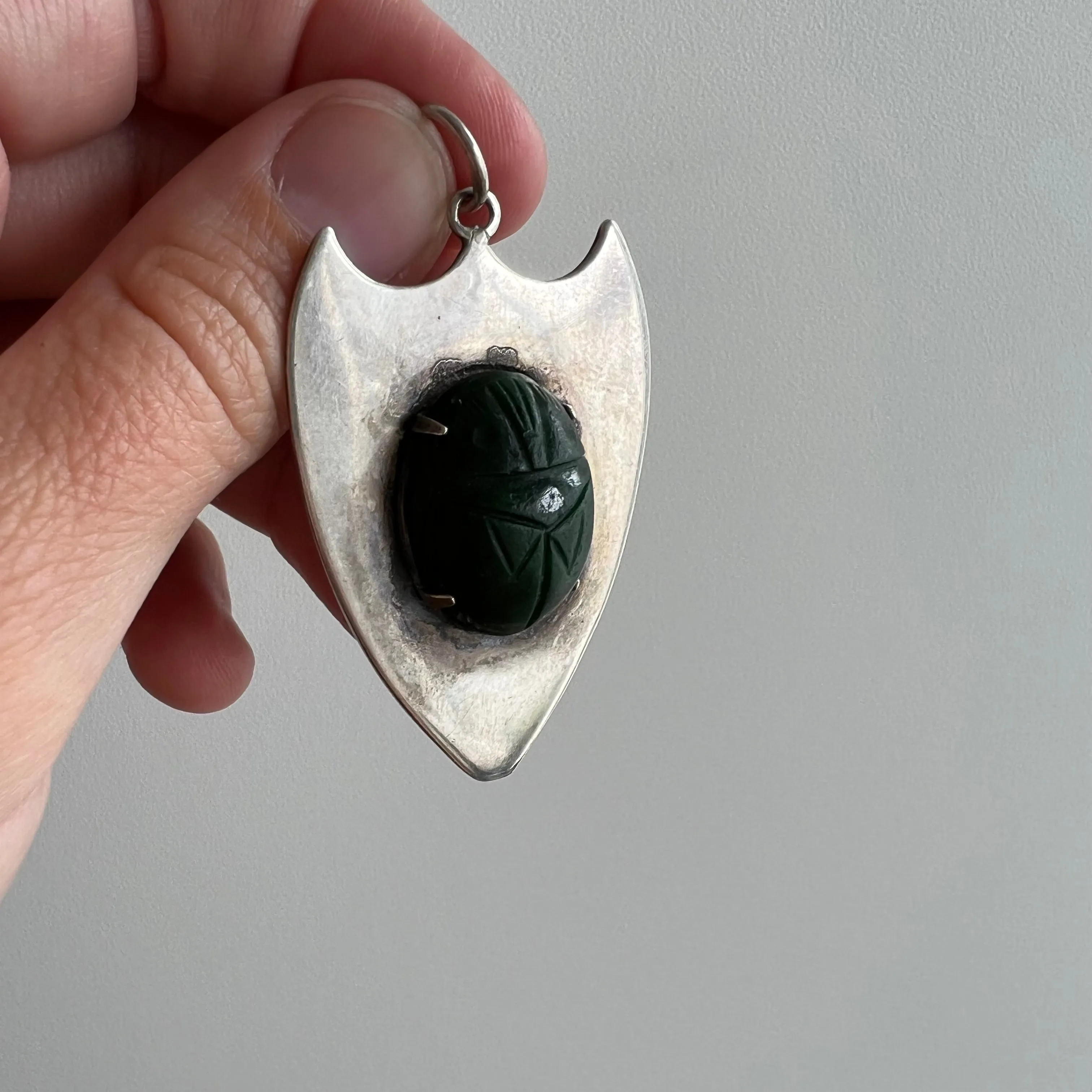 V I N T A G E // layers of protection / sterling silver and green hard stone scarab shield / a pendant