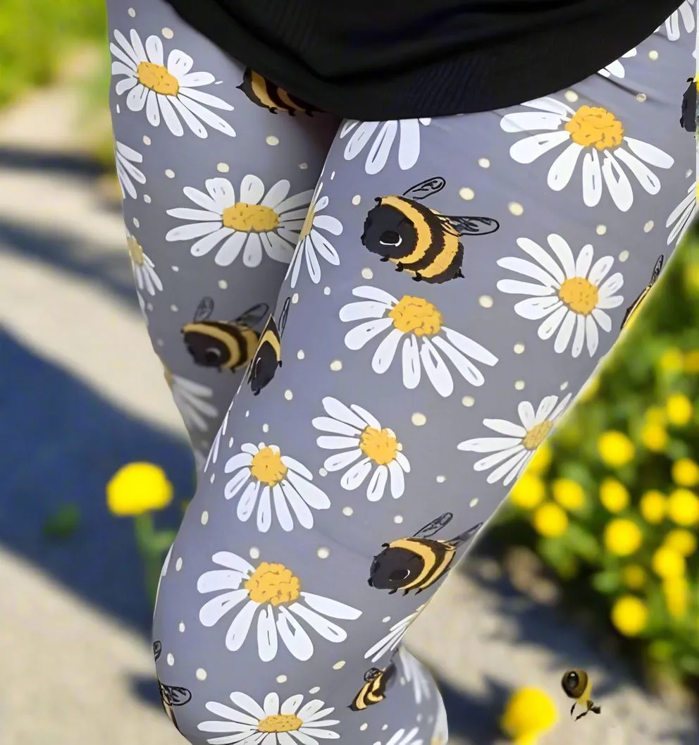 Womens Daisy Bee Capri Leggings, Soft Yoga Pants, Sizes 0-18, No-Roll Waist, Gray/Yellow