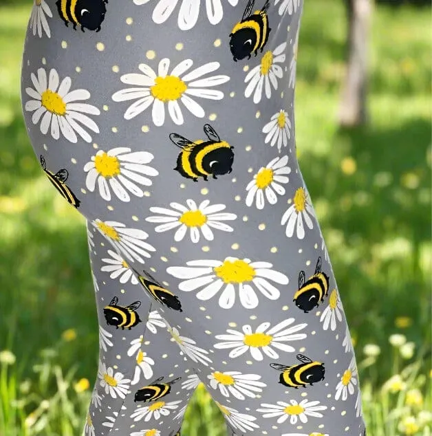 Womens Daisy Bee Capri Leggings, Soft Yoga Pants, Sizes 0-18, No-Roll Waist, Gray/Yellow