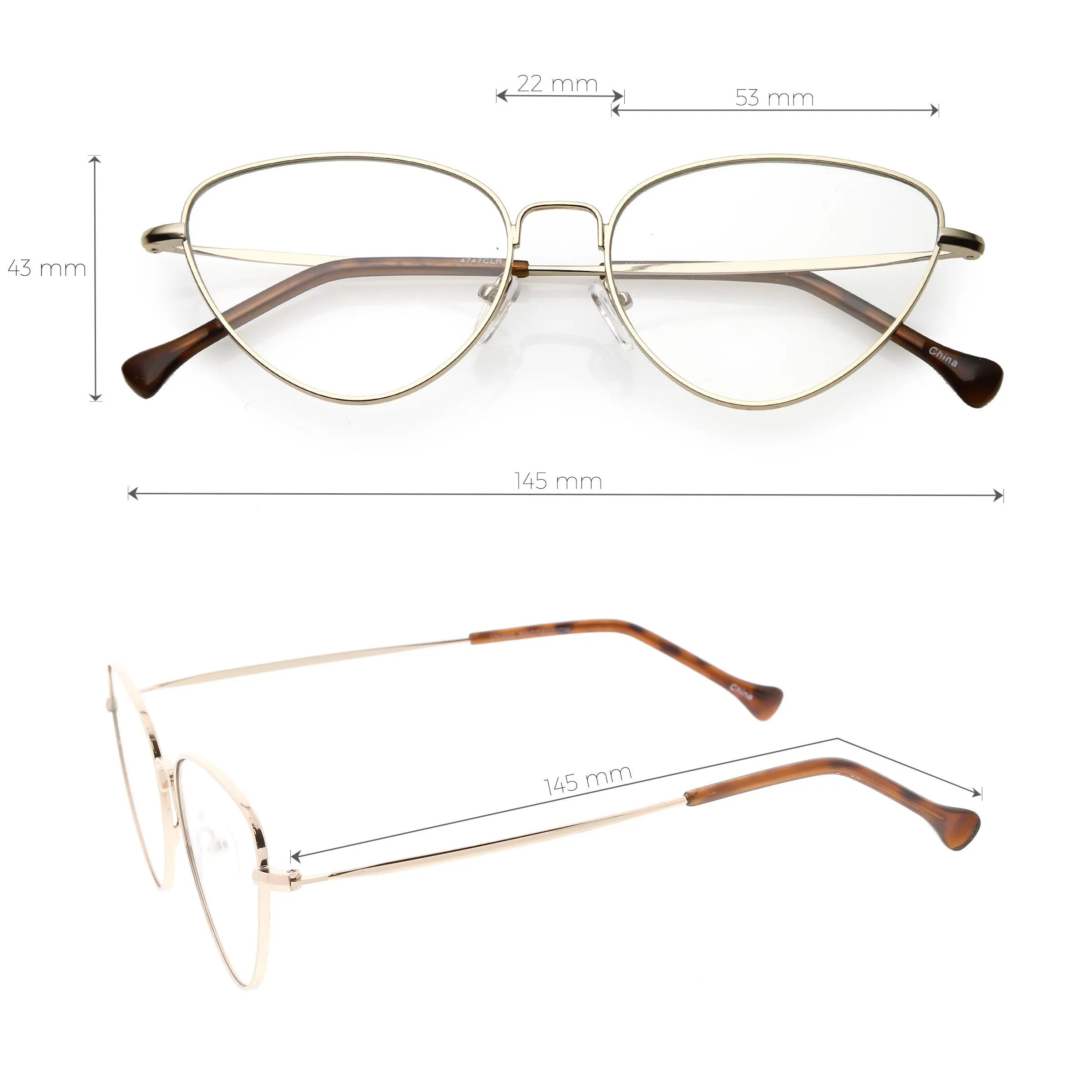 Women's Slim Metal Wire Clear Flat Lens Cat Eye Glasses