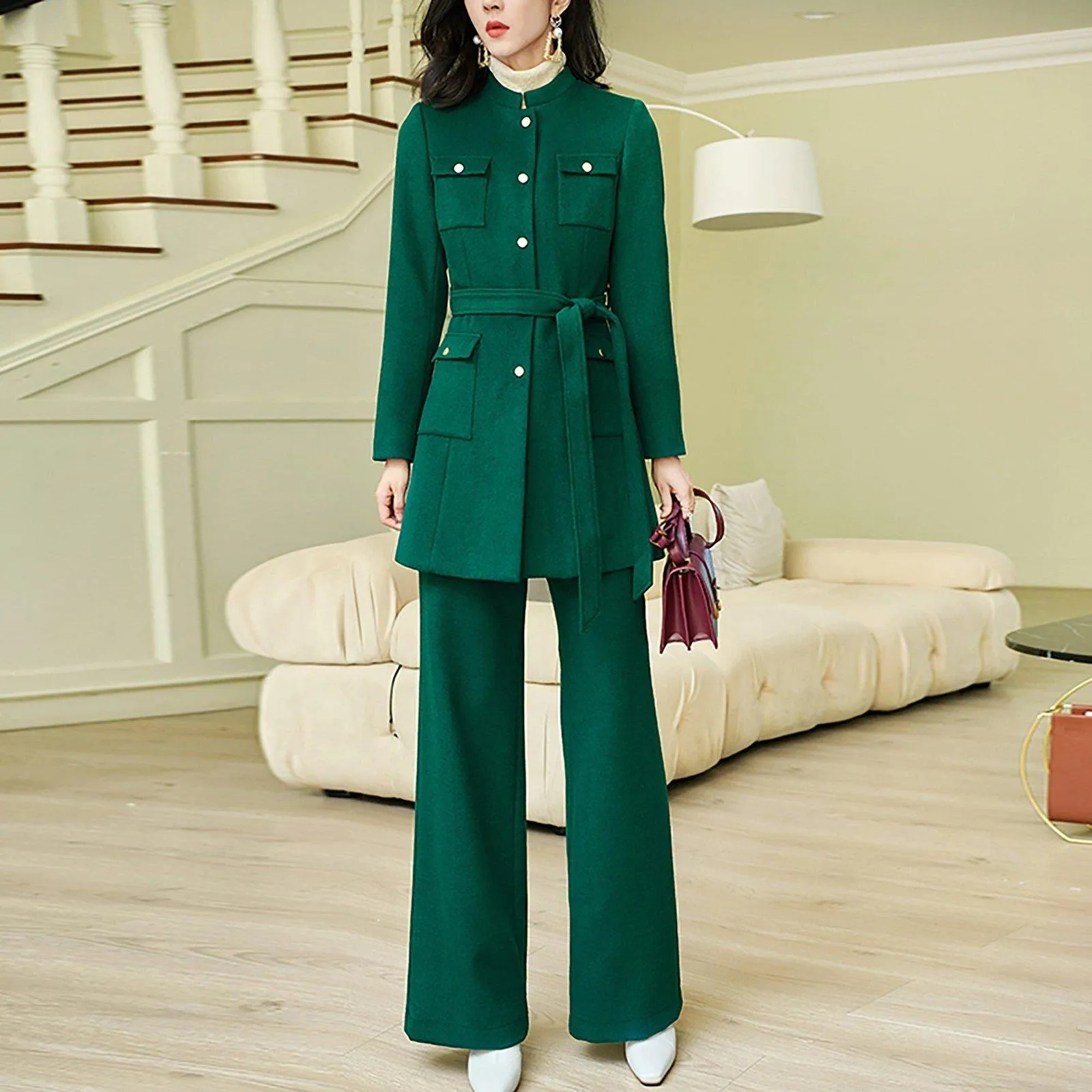 Wool Blend Collarless Belted Jacket & Pant Set