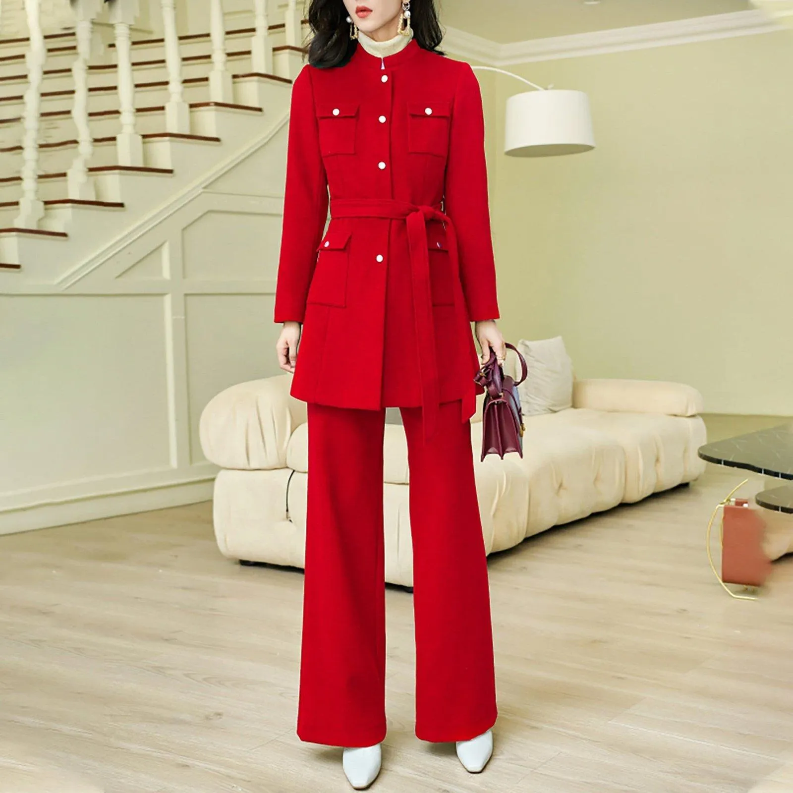 Wool Blend Collarless Belted Jacket & Pant Set