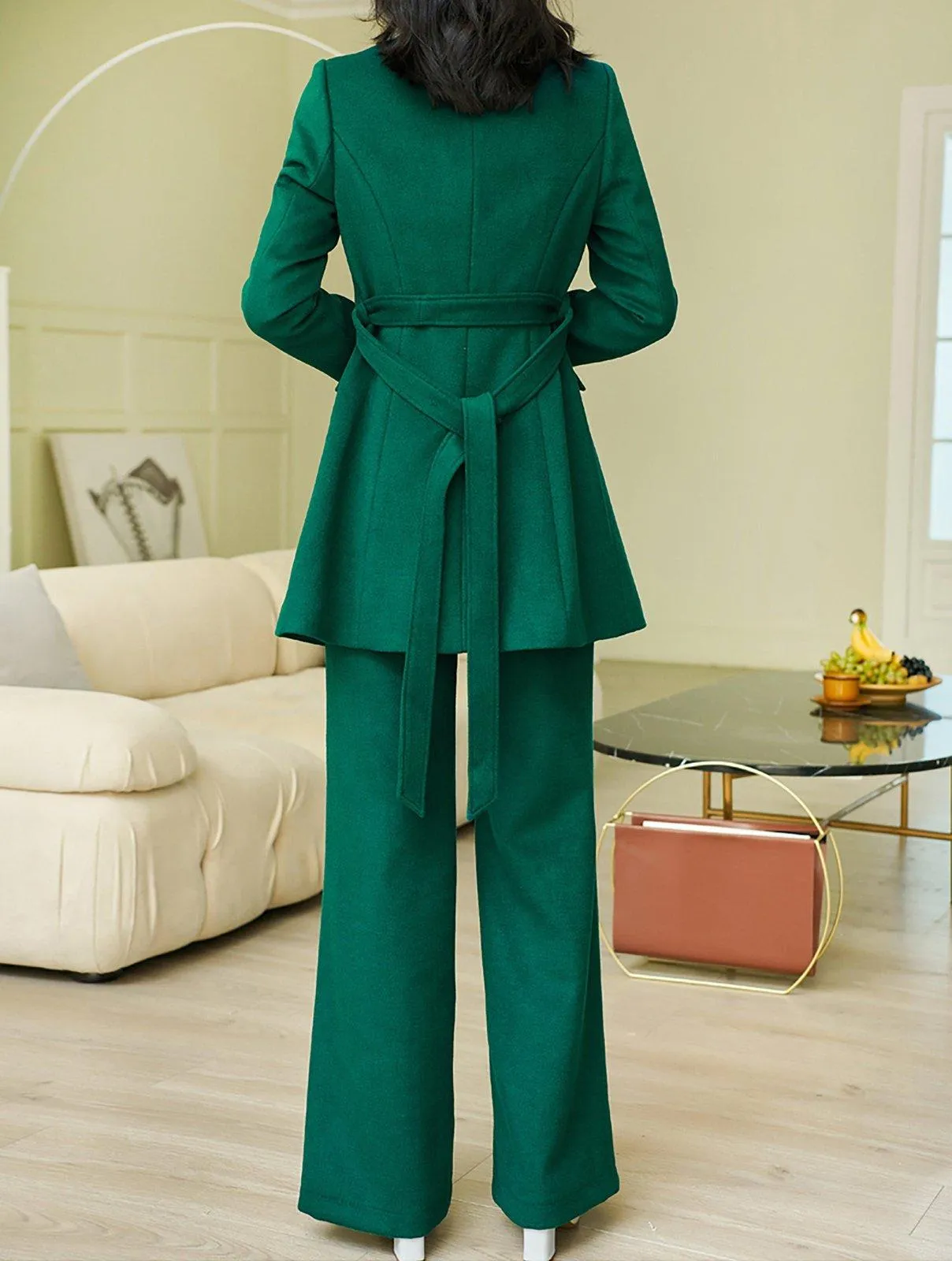 Wool Blend Collarless Belted Jacket & Pant Set