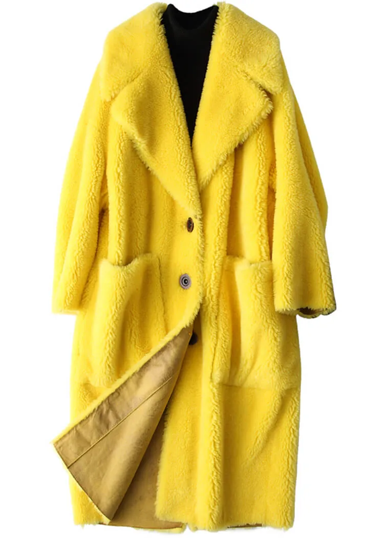 Yellow Wool Fleece Single Breasted Long Coat